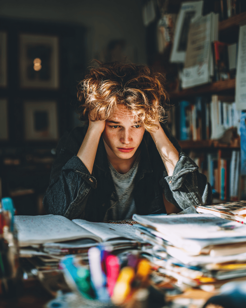 étudiant perdu dans ses révisions